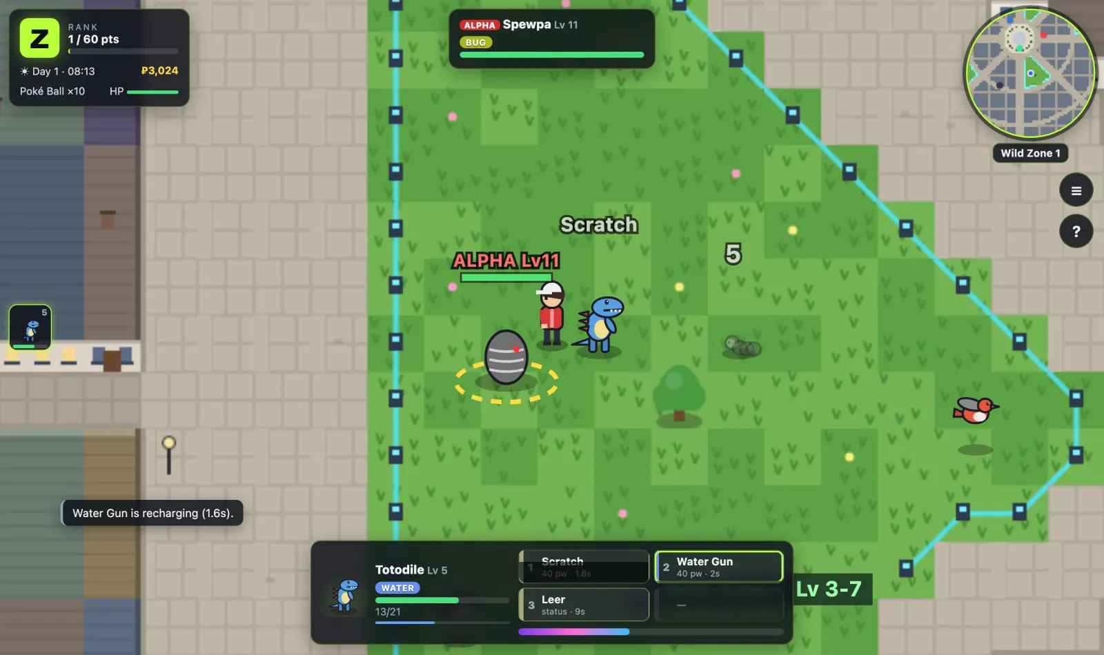 Totodile battling a wild Flabébé in Wild Zone 1